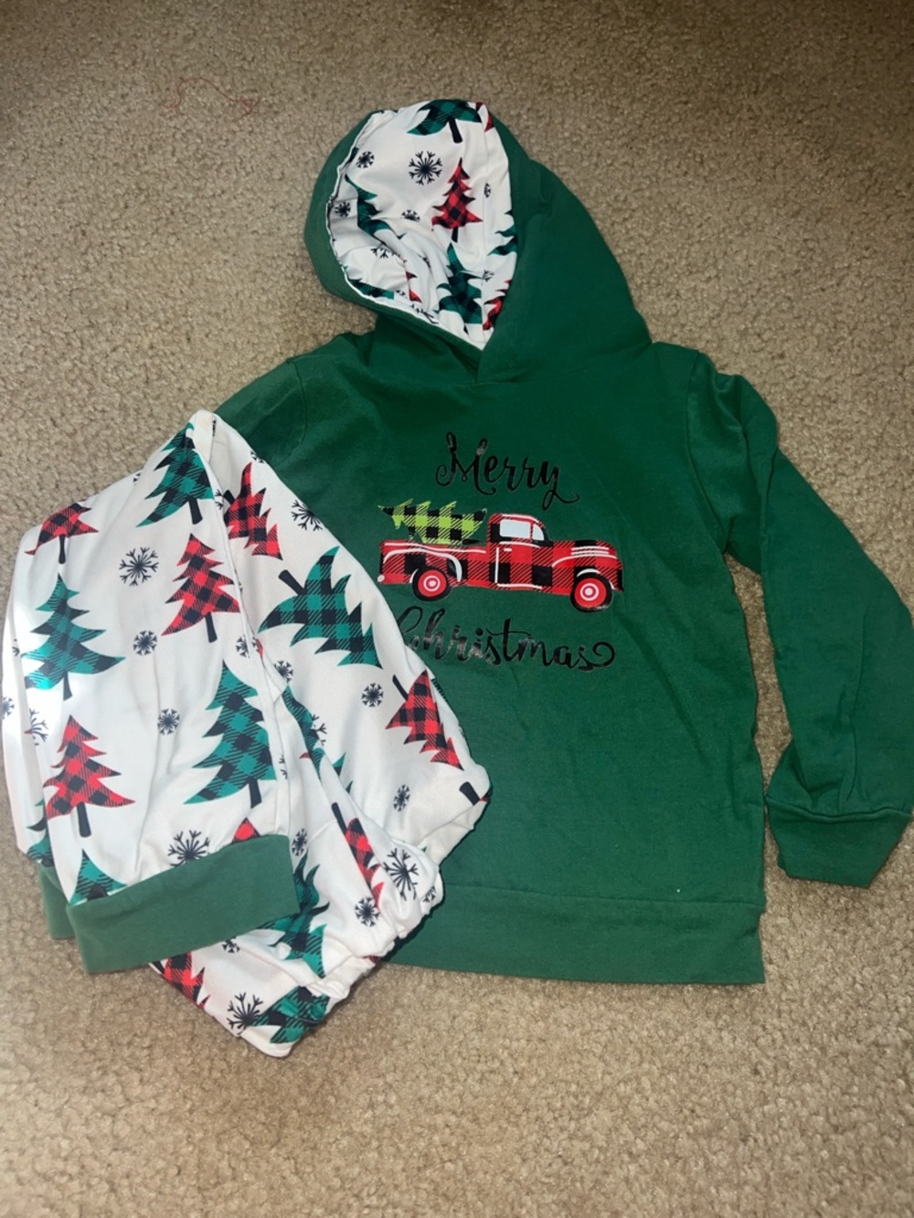 Green Merry Christmas Hoodie with Plaid Truck & Matching Tree Print Pants